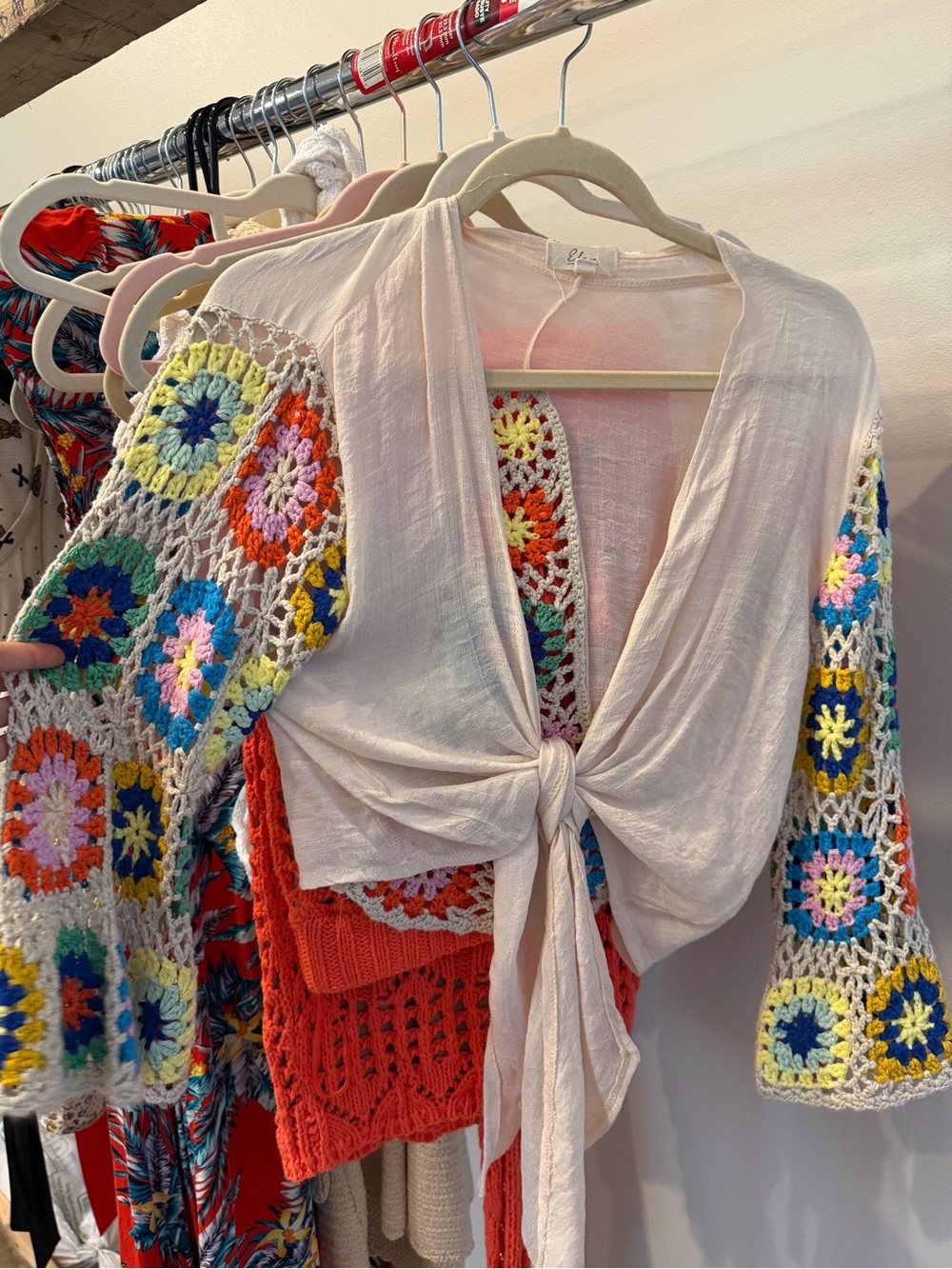 Elan Cream Tie-Front Swim Cover-Up with Multicolor Crochet Sleeves